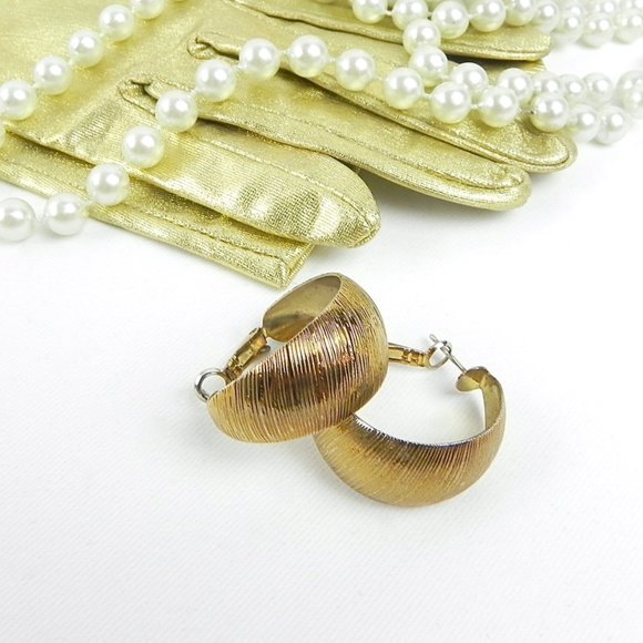 80s Golden Earrings | Gold Tone & Silver Metal Wide Hoop Earrings - Picture 6 of 7